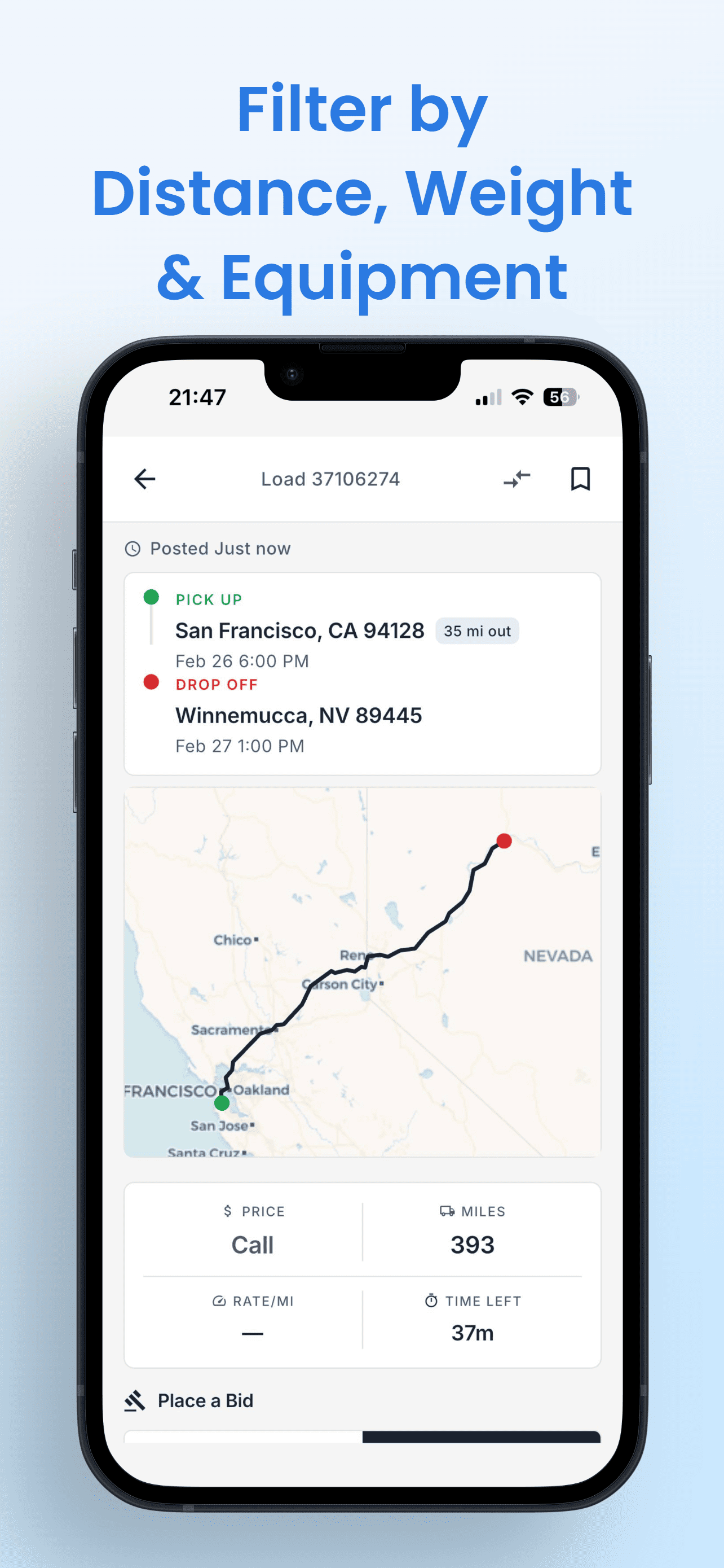Load detail with route map and Place a Bid