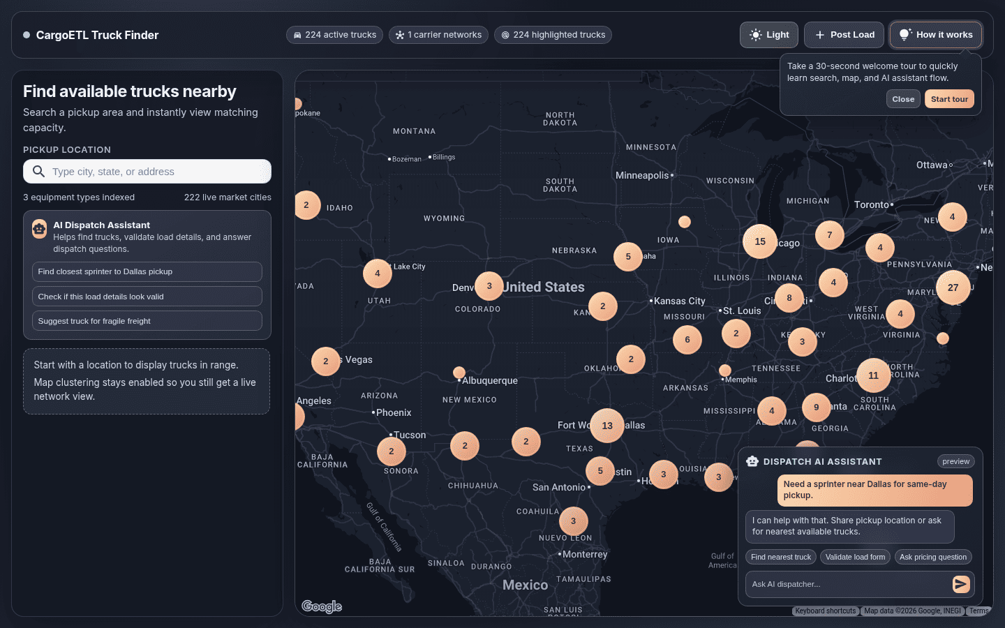 Live capacity map by equipment type
